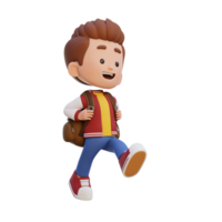 3D happy kid character walking go to school holding bag png