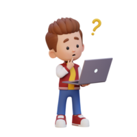 3D cute kid character confused on a laptop png