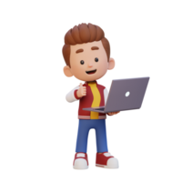 3D cute kid character give a thumb up while holding a laptop png