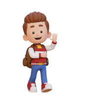 3D happy kid character walking go to school holding book and waving hand png