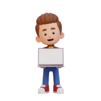 3D kid Character Holding and Presenting to a Laptop with Empty Screen png