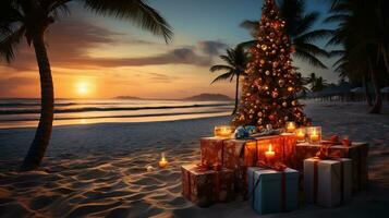 AI generated Generative AI, Christmas on the beach. Gifts, Christmas tree, palm, ocean and chairs. Vacation concept photo