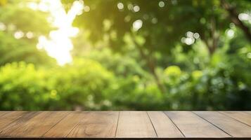 Wooden Table Top with Blurred Green Park Garden as Background. AI Generated photo