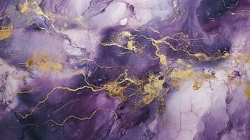 Abstract Purple Marble Texture with Golden Splashes Luxury Background. AI Generated photo