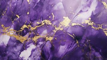 Abstract Purple Marble Texture with Golden Splashes Luxury Background. AI Generated photo