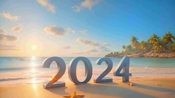 ai generato nuovo anno 2024 concetto con un' spiaggia, sabbia e 2024 nel blu lettere video