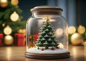 AI generated Festive mood with a miniature Christmas tree and snow in a glass jar on a wooden table video