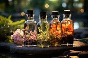 AI generated Botanical Secrets Aromatic Oils Encasing Delicate Flowers photo