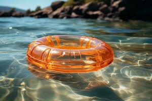 AI generated Summer Day Memories Orange Inner Tube Floating on the Sea photo