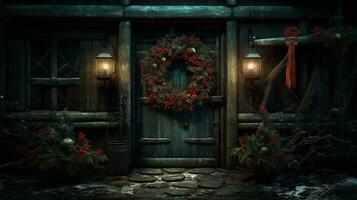 AI generated Generative AI, Front door with Christmas decoration, wreath and garland, muted colors, cottage rustic doorway photo