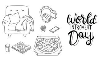 World Introvert Day doodle banner. Set of outline thighs for Introvert in doodle style. Hand drawn vector art.