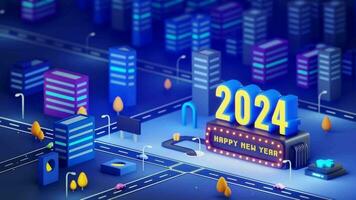 contento nuevo año 2024 en el ciudad con bucle animación video