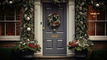 AI generated Generative AI, Front door with Christmas decoration, wreath and garland, muted colors, cottage rustic doorway photo