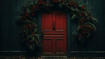 AI generated Generative AI, Front door with Christmas decoration, wreath and garland, muted colors, cottage rustic doorway photo