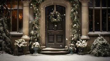 AI generated Generative AI, Front door with Christmas decoration, wreath and garland, muted colors, cottage rustic doorway photo