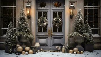 AI generated Generative AI, Front door with Christmas decoration, wreath and garland, muted colors, cottage rustic doorway photo