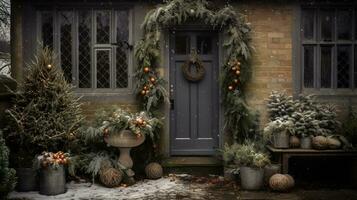 AI generated Generative AI, Front door with Christmas decoration, wreath and garland, muted colors, cottage rustic doorway photo