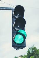 Green light on the traffic light device close up photo