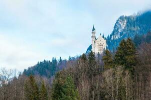 medieval castillo en el medio de el bosque en pie en el parte superior de el montaña foto