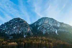 Two mountains covered with snow during the sunset with a small green forest at the bottom photo