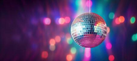 AI generated Generative AI, Disco shiny  ball, party reflecting colorful lights for music broadcast, night clubs, musical banners photo