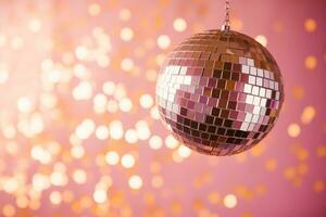 AI generated Generative AI, Disco shiny  ball, party reflecting colorful lights for music broadcast, night clubs, musical banners photo