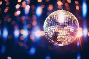 AI generated Generative AI, Disco shiny  ball, party reflecting colorful lights for music broadcast, night clubs, musical banners photo