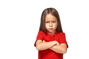 Girl in red t-shirt serious face offended white background photo