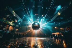 AI generated Generative AI, Disco shiny  ball, party reflecting colorful lights for music broadcast, night clubs, musical banners photo