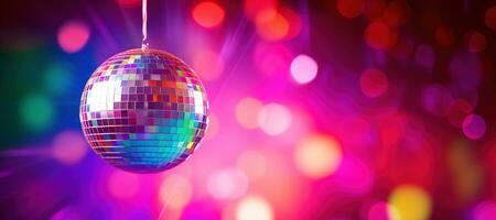 AI generated Generative AI, Disco shiny  ball, party reflecting colorful lights for music broadcast, night clubs, musical banners photo