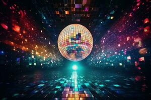 ai generado generativo ai, disco brillante pelota, fiesta reflejando vistoso luces para música transmisión, noche clubs, musical pancartas foto