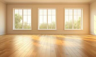 AI generated Generative AI, Light empty modern room with wooen floor and glare from the window, interior background for the presentation photo