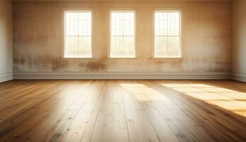 AI generated Generative AI, Light empty modern room with wooen floor and glare from the window, interior background for the presentation photo