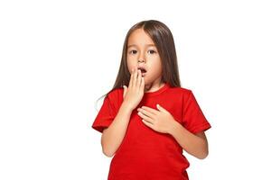 Portrait of little surprised girl excited scared. Isolated on white background photo