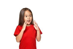 Portrait of little surprised girl excited scared. Isolated on white background photo