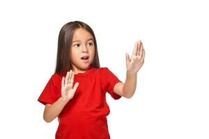 Portrait of little surprised girl excited scared. Isolated on white background photo