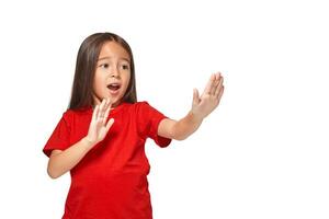 Portrait of little surprised girl excited scared. Isolated on white background photo