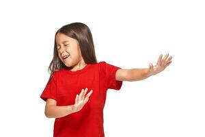 Portrait of little surprised girl excited scared. Isolated on white background photo