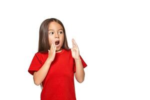 Portrait of little surprised girl excited scared. Isolated on white background photo