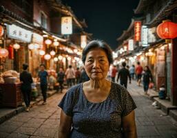 photo of senior old woman in china local street market at night, generative AI