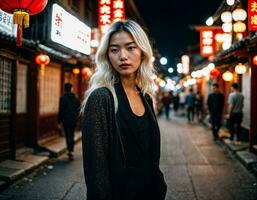 foto de hermosa joven niña en China local calle mercado a noche, generativo ai
