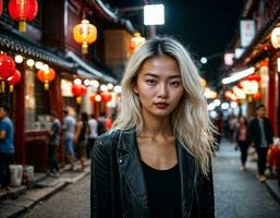 foto de hermosa joven niña en China local calle mercado a noche, generativo ai