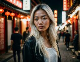 photo of beautiful young girl in china local street market at night, generative AI