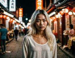 photo of beautiful young girl in china local street market at night, generative AI