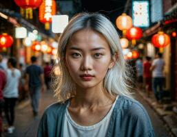 photo of beautiful young girl in china local street market at night, generative AI