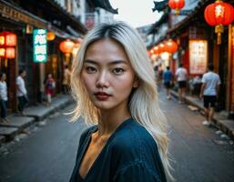 foto de hermosa joven niña en China local calle mercado a noche, generativo ai