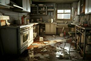 Grimy Kitchen messy dirty. Generate Ai photo