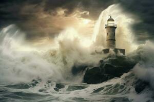 Lighthouse storm winter. Generate Ai photo