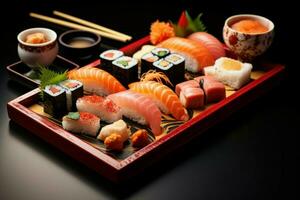 Traditional Japanese sushi top view set. Generate Ai photo