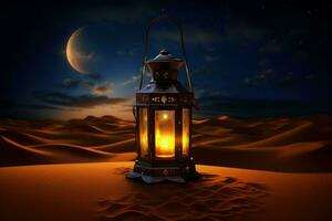 Weathered Ramadan lantern in desert. Generate AI photo